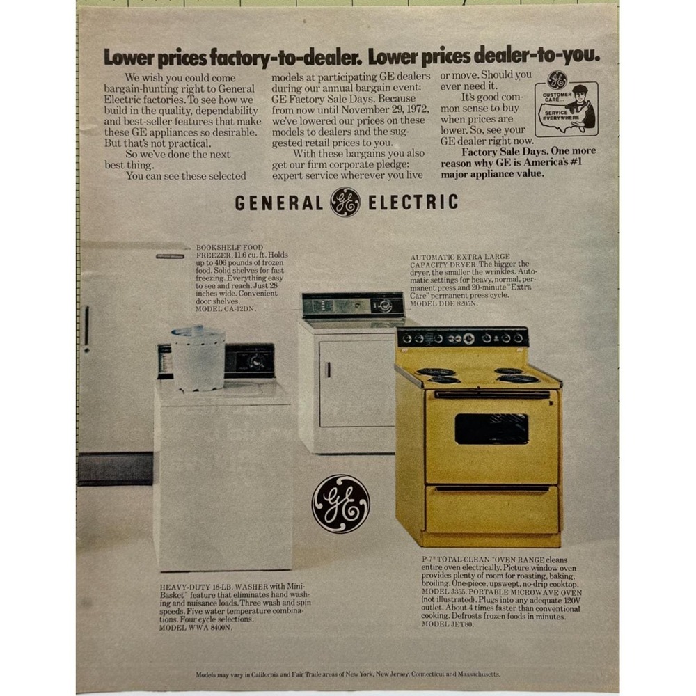 General Electric Appliances‎ Washer Dryer Range Factory Sale Print Ad 1972